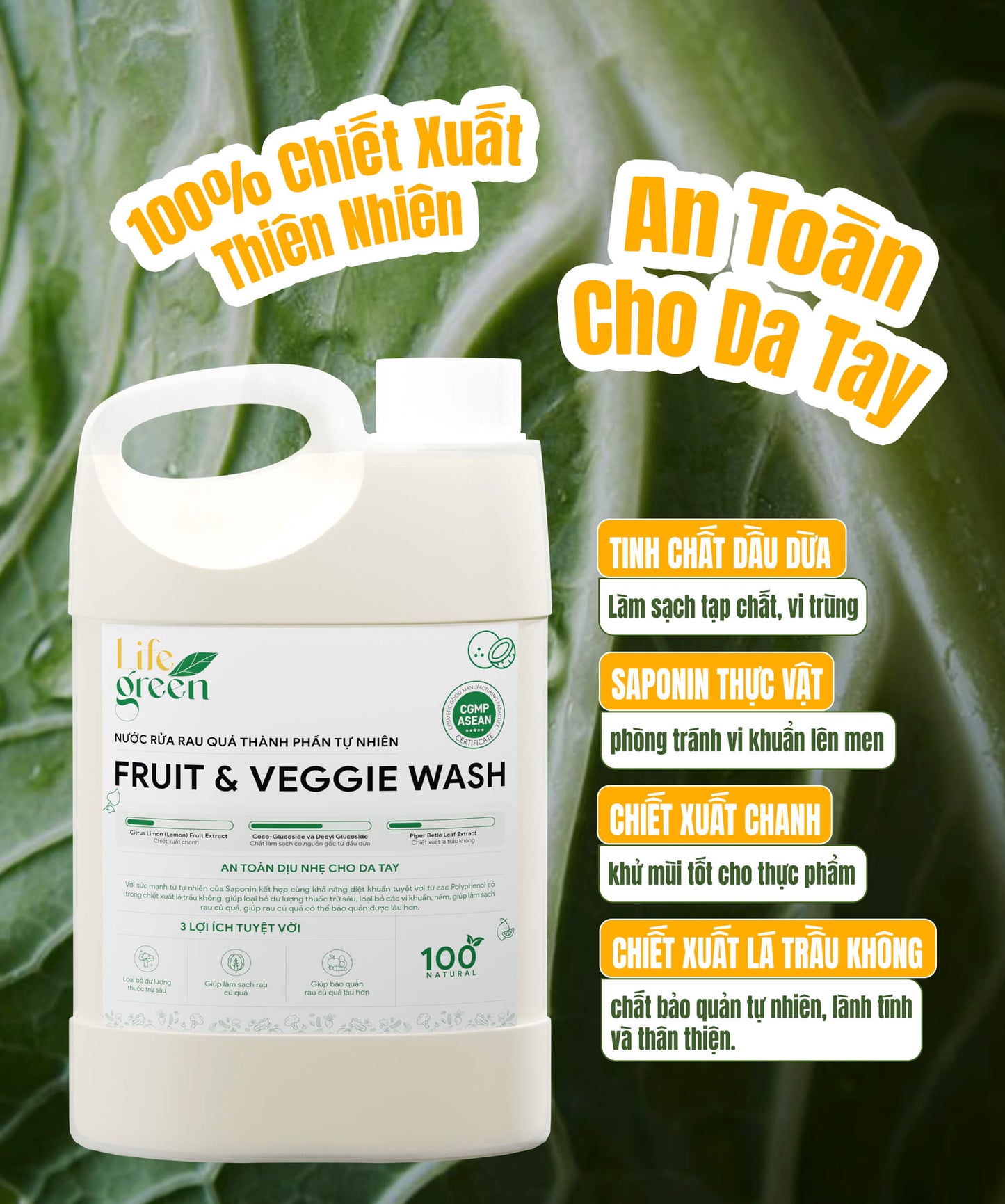 Nước Rửa Rau Củ Quả Sinh Học An Toàn Life Green 3 Lít